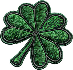 Embroidered four-leaf clover patch cut out on transparent background