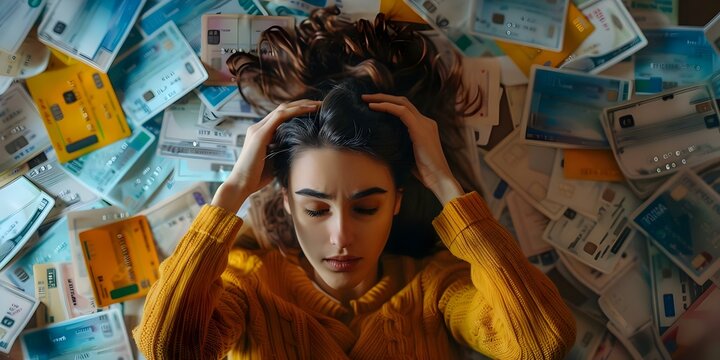 Stressed woman surrounded by credit card bills struggles to calculate monthly expenses to pay off debts. Concept Budgeting, Financial Stress, Debt Management, Credit Card Bills, Monthly Expenses