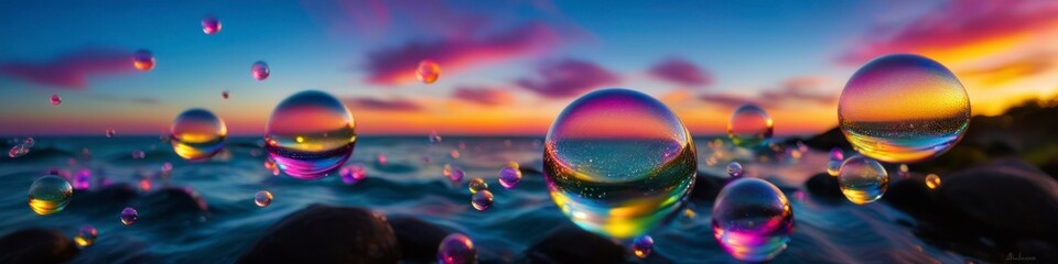 Abstract colorful illustration transparent soap bubbles flying on sea sunset background. Background for banner, poster, website header, space for text.	
