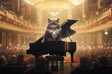 Talented cat performing a piano concert in a grand New Year's Eve concert hall. - obrazy, fototapety, plakaty