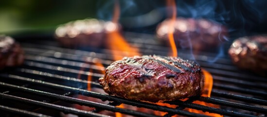 A hamburger is roasting on an outdoor grill with flames fueled by gas, creating a delicious dish. This cooking method infuses the pork patty with smoky flavor
