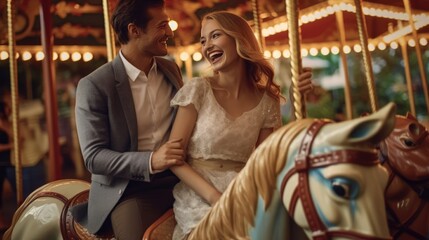 Romantic couple having a delightful time on a vibrant carousel at the amusement park on a sunny day