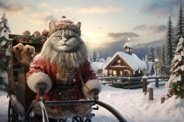 Christmas cat pulling a miniature sleigh with tiny presents