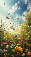Wildflower meadow, butterflies fluttering, sunny day, ground level, lifelike vibrancy