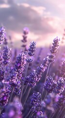 Sunlit lavender fields at dusk, soft purples, low angle, dreamy ambiance, high clarity 