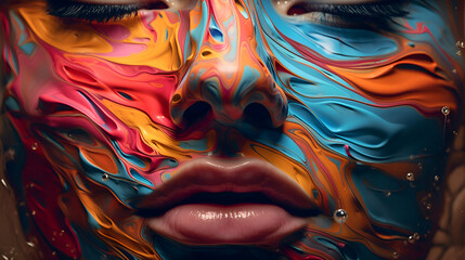 Closeup of beautiful woman's face covered with multicolored paint - obrazy, fototapety, plakaty