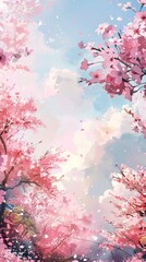 Blooming cherry blossoms, soft pink, sunny day, low angle, watercolor effect, high detail