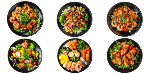 Set of various delicious food in black dishes isolated on transparent background, Top view of various menu served on plates.