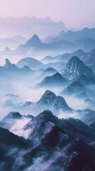 Misty mountains at dawn, cool tones, bird's eye view, ethereal mood, sharp detail