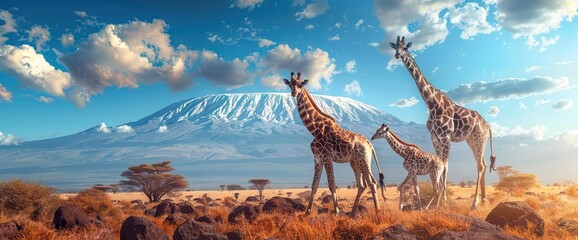 Naklejki  Wild african giraffe on Kilimanjaro mount background. National park of Kenya, Africa. AI generated illustration