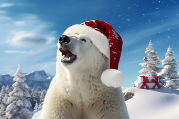 Fototapeta premium Majestic polar bear wearing a Santa hat on a snowy hill
