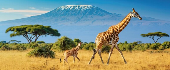 Wild african giraffe on Kilimanjaro mount background. National park of Kenya, Africa. AI generated illustration - obrazy, fototapety, plakaty