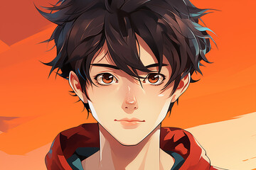 Cartoon anime male portrait. Cute comic men character, anime boy face with big eyes in manga style. Flat modern illustration