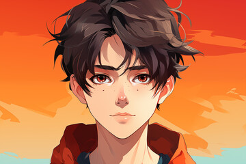 Fototapeta premium Cartoon anime men portrait. Cute comic male character, anime kawaii boy face with big eyes in manga style. Flat modern illustration