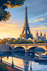 An illustrated depiction of the Eiffel Tower at sunset with the Seine River in the foreground reflecting the iconic structure.
