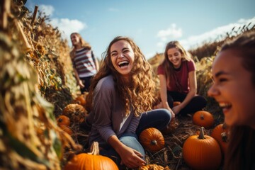 Friends on hayride through pumpkin patch