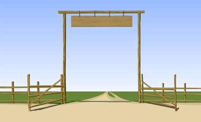 Open the old wooden gate of the farm of the American Wild West with a hanging sign and a fence against the background of the sunlit summer landscape. Vector illustration