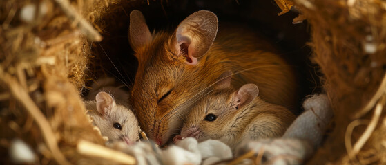 Three cute mice nestled together in a cozy, warm nest made of soft, shredded paper and straw.