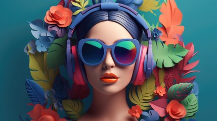 3D rendering of female head with blue headphones