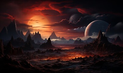 Alien Landscape With Mountains and Planets - obrazy, fototapety, plakaty