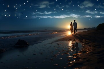 Couple on a candlelit beach stroll - obrazy, fototapety, plakaty
