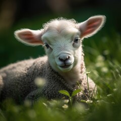 Cute lamb lying in green grass, looking at camera
