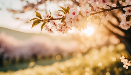 spring border or background art with pink blossom beautiful nature scene with blooming tree and sun flare