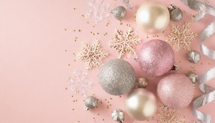 top view photo of pink and white christmas tree balls pink snowflakes silver serpentine and sequins on isolated pastel pink background with copyspace