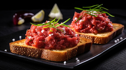 Beef tartare with onion and rosemary on toasted bread - obrazy, fototapety, plakaty
