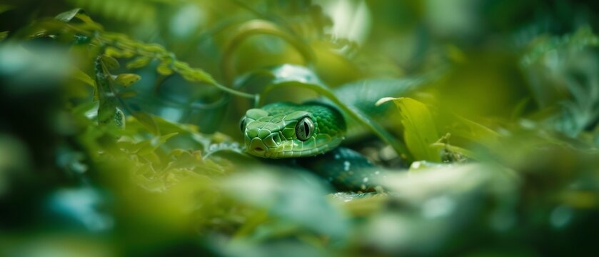 A vivid green snake peers out from its leafy camouflage, its scales glistening with droplets of moisture in the diffused sunlight.