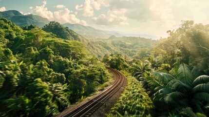 A train is traveling through a lush green jungle. The train is surrounded by trees and the sky is cloudy - obrazy, fototapety, plakaty
