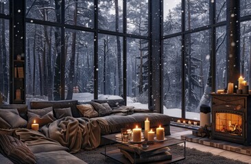 A cozy living room with floor-to-ceiling windows, a large gray sofa covered in soft blankets and pillows. Winter atmosphere
