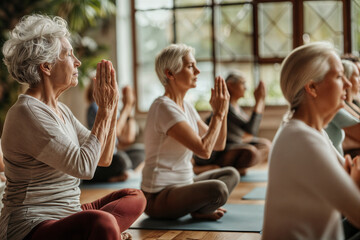 Seniors practicing yoga poses in a yoga class