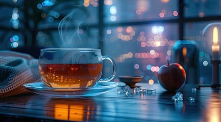 a cup of tea on a bar with digital interface, in the style of low-angle, industrial and product design