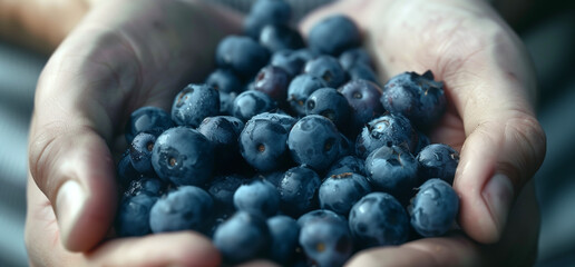 hands holding a handful of organic blueberries, healthy food harvest fresh - obrazy, fototapety, plakaty