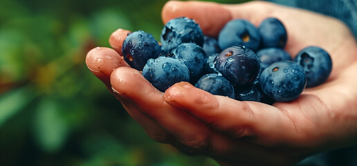 wet hand holding fresh harvested blueberries, green background, fresh, organic, healthy - obrazy, fototapety, plakaty