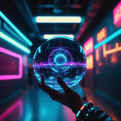 cybernetic hand holding glas sphere in neonlight futuristic room, generative AI