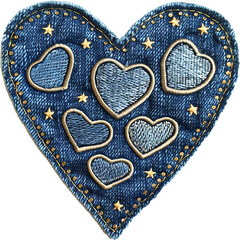 Denim heart with textured jean fabric design cut out on transparent background