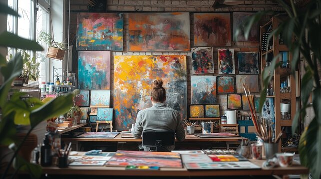 Art studio with an artist surrounded by canvases, paint, and creative tools.
