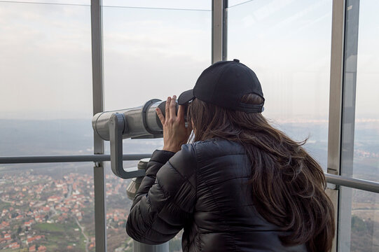 Young girl looking panoramic view from Avala tower in Belgrade - Serbia
