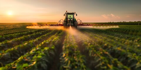 Fototapeta premium Embracing Agricultural Production: A Tractor Spraying Pesticide on a Soybean Farm Under a Beautiful Sky. Concept Agricultural Production, Tractor Spraying Pesticide, Soybean Farm, Beautiful Sky