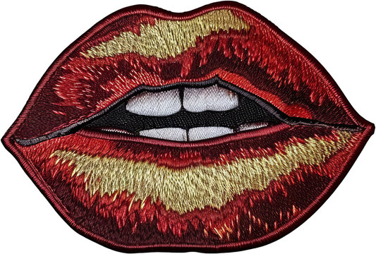 Embroidered patch of red lips in pop art style cut out on transparent background