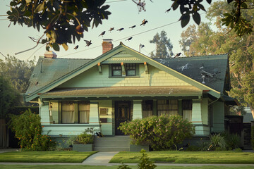Early birds chirping around a pastel mint Craftsman style house, suburban morning brimming with new...