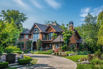 Fototapeta na wymiar Houses in suburb at Summer in the north America. Luxury houses with nice landscape.