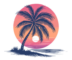 Illustrated scene of a palm tree silhouette against a warm sunset over a tranquil sea. Summer vacation trip vector.