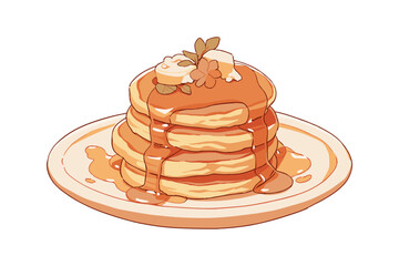 Delicious stack of pancakes topped with butter and dripping with maple syrup, morning breakfast. Flat vector illustration.