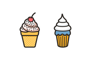 Vector icons depicting a delightful ice cream cone and a cupcake, ideal for dessert-related content.