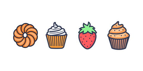 A set of colorful dessert icons including a cupcake, a strawberry, and different styled cupcakes.