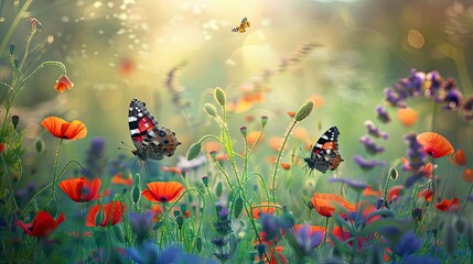 Two butterflies are flying in a field of flowers. The butterflies are surrounded by a variety of flowers, including red and purple ones. The scene is peaceful and serene