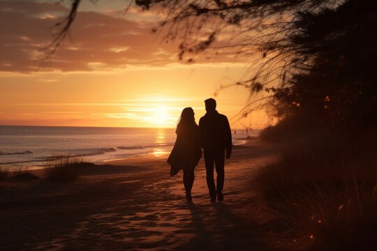 Couple enjoying a romantic evening walk on a beach